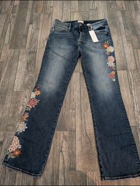 DRIFTWOOD Dark Blue Wide-Leg Jeans with Multicolor Floral Embroidery